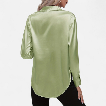 Blusa Mujer de Satén Manga Larga Cuello Solapa