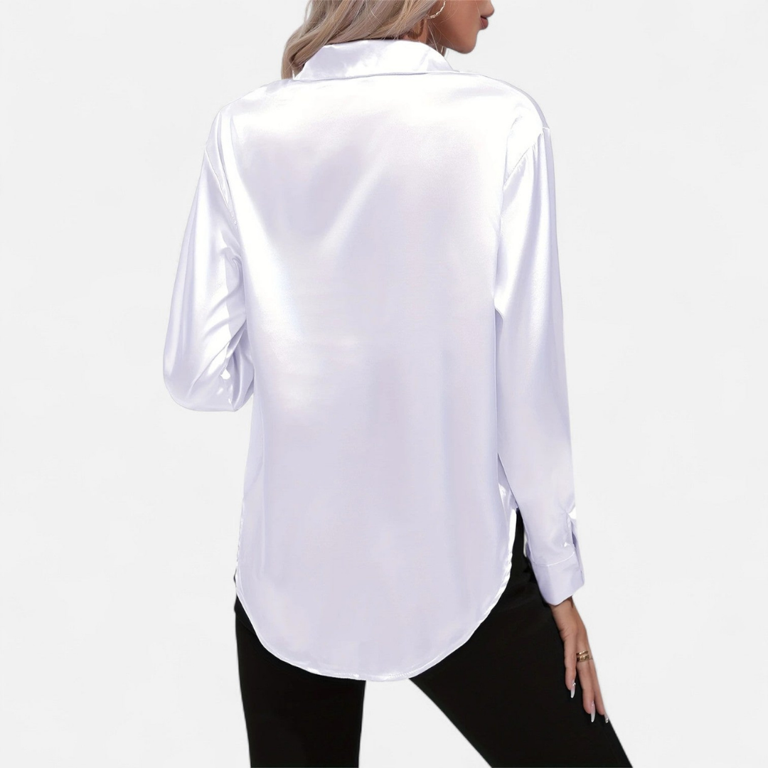 Blusa Mujer de Satén Manga Larga Cuello Solapa