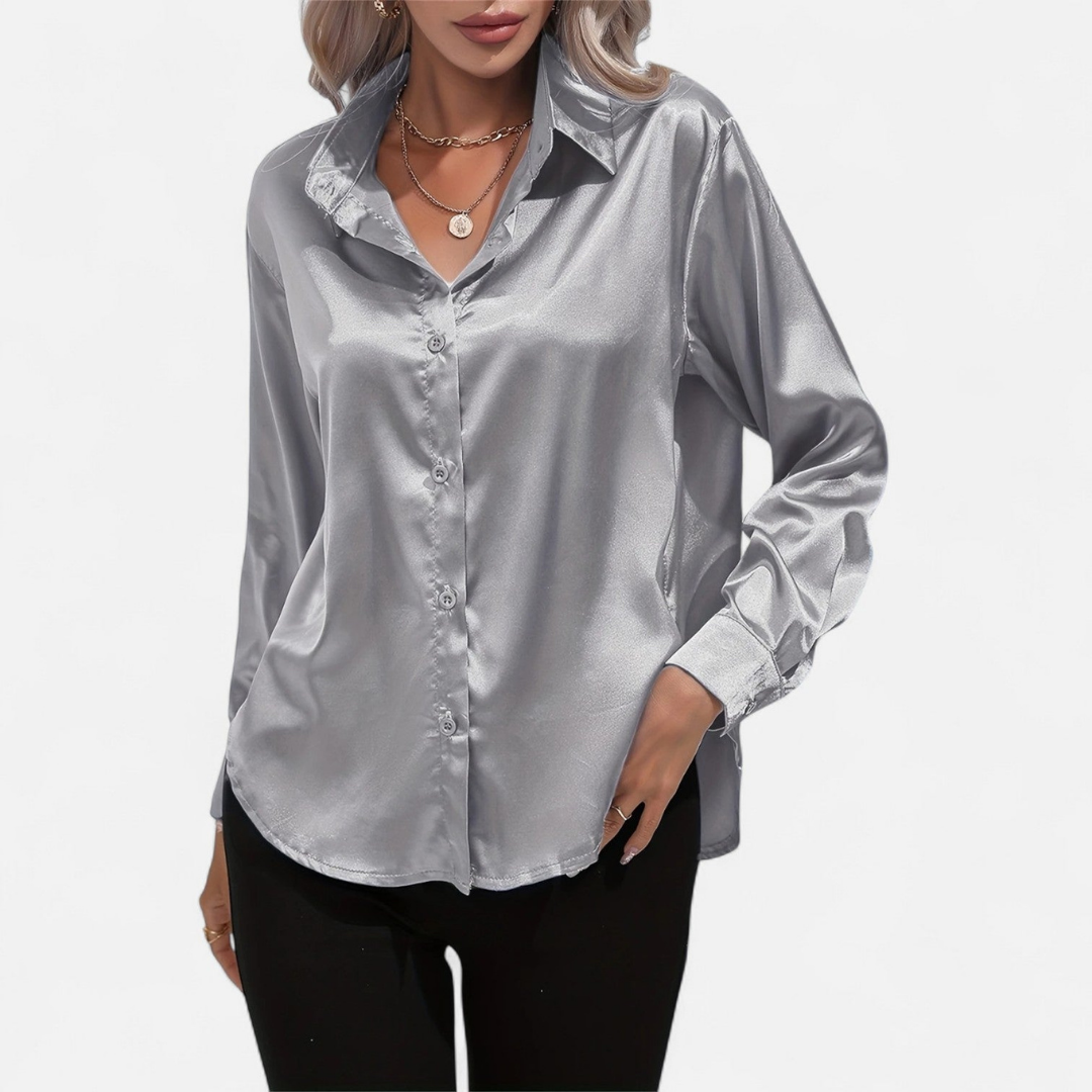 Blusa Mujer de Satén Manga Larga Cuello Solapa