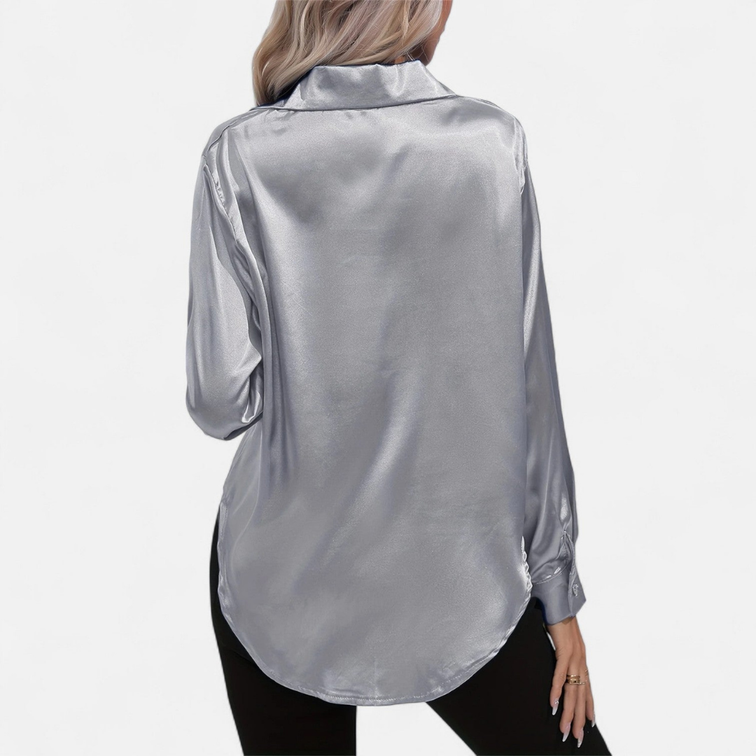 Blusa Mujer de Satén Manga Larga Cuello Solapa