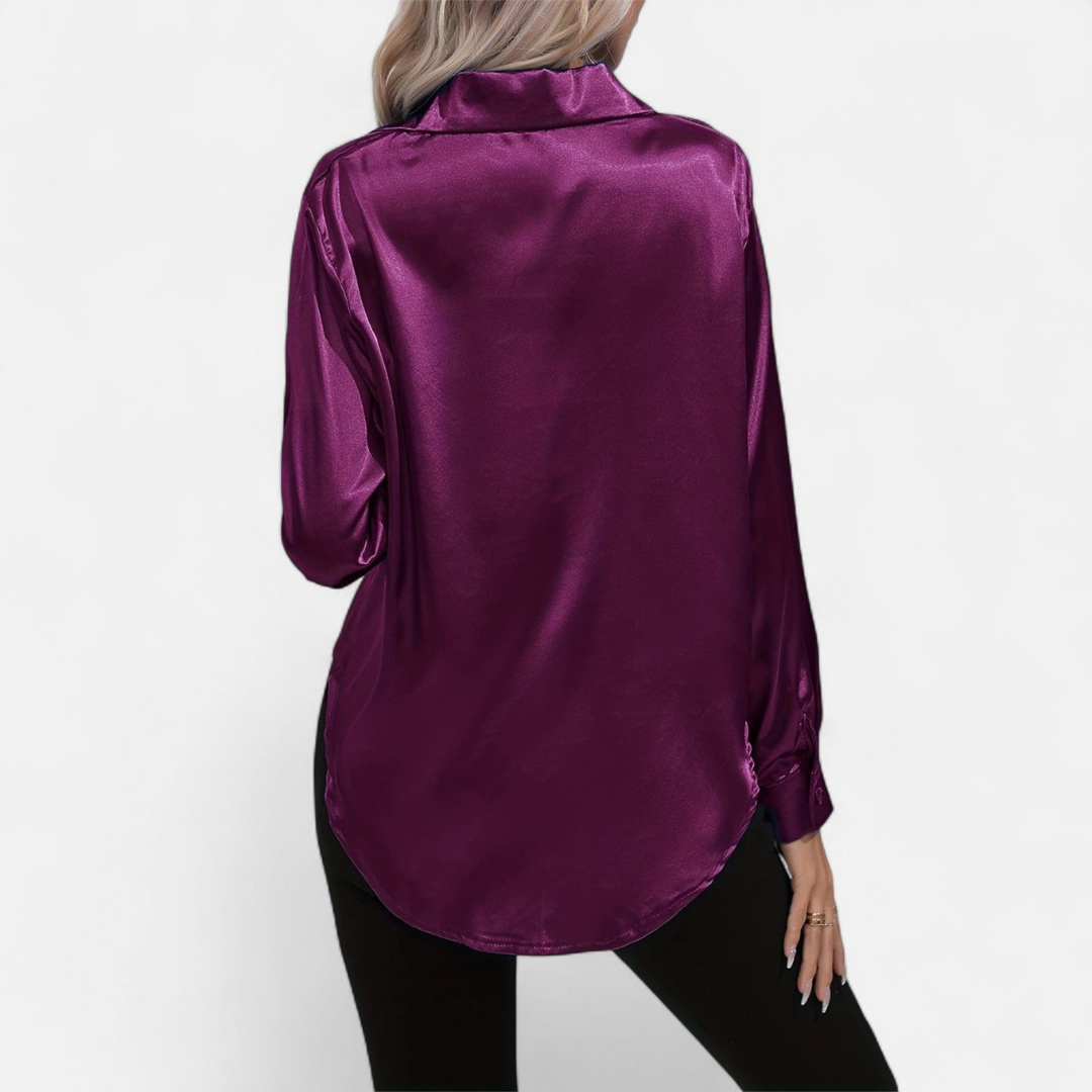 Blusa Mujer de Satén Manga Larga Cuello Solapa