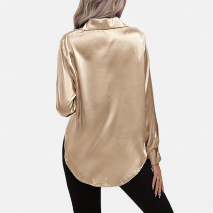 Blusa Mujer de Satén Manga Larga Cuello Solapa