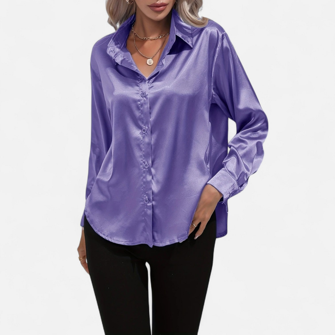 Blusa Mujer de Satén Manga Larga Cuello Solapa