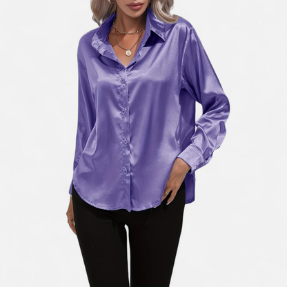 Blusa Mujer de Satén Manga Larga Cuello Solapa