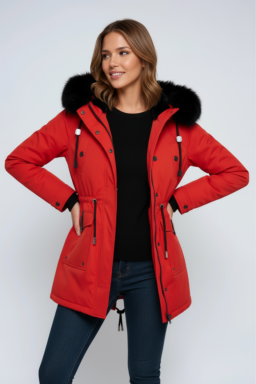 Parka Mujer Invierno con Capucha y Cuello de Pelo Sintético
