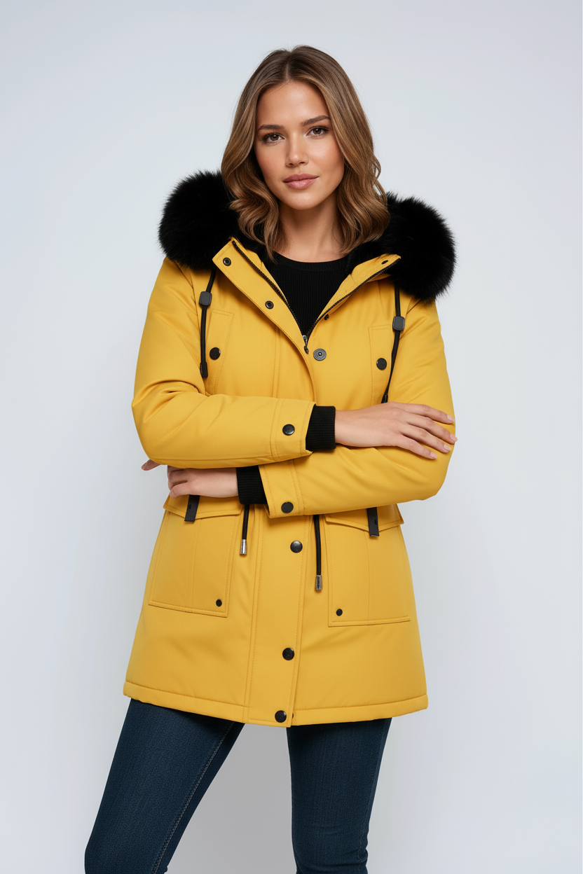 Parka Mujer Invierno con Capucha y Cuello de Pelo Sintético