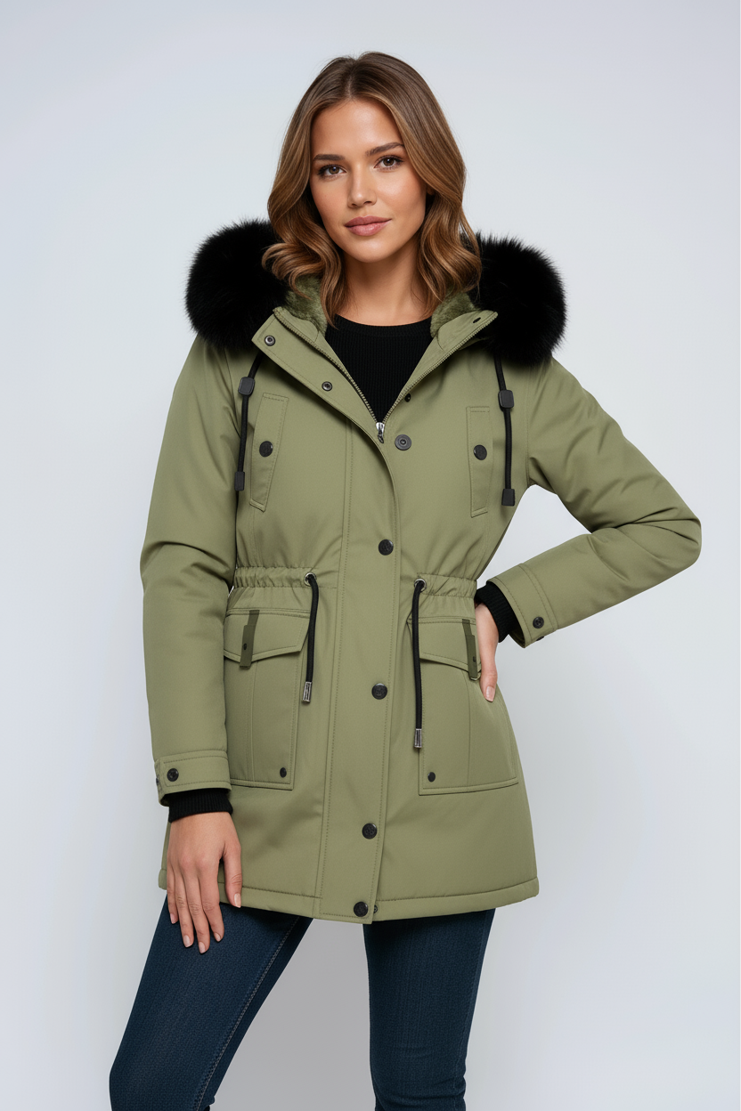 Parka Mujer Invierno con Capucha y Cuello de Pelo Sintético