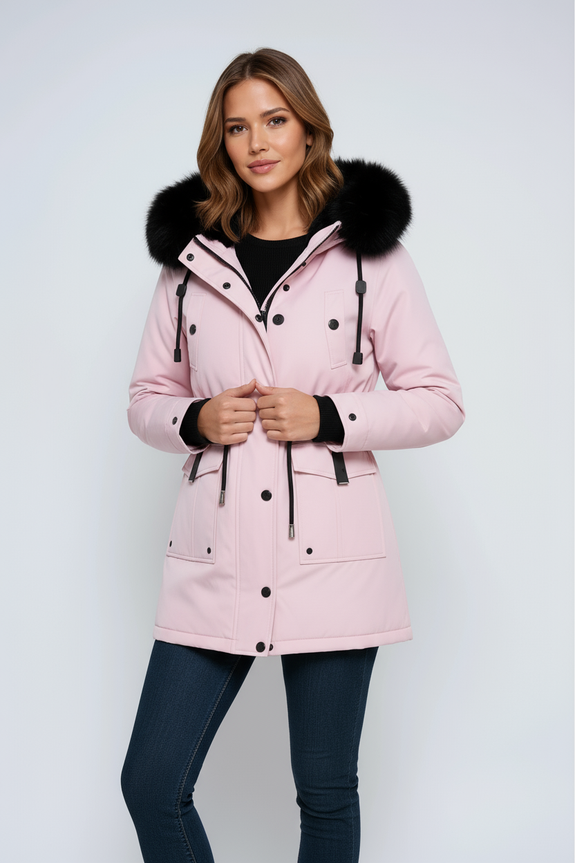 Parka Mujer Invierno con Capucha y Cuello de Pelo Sintético