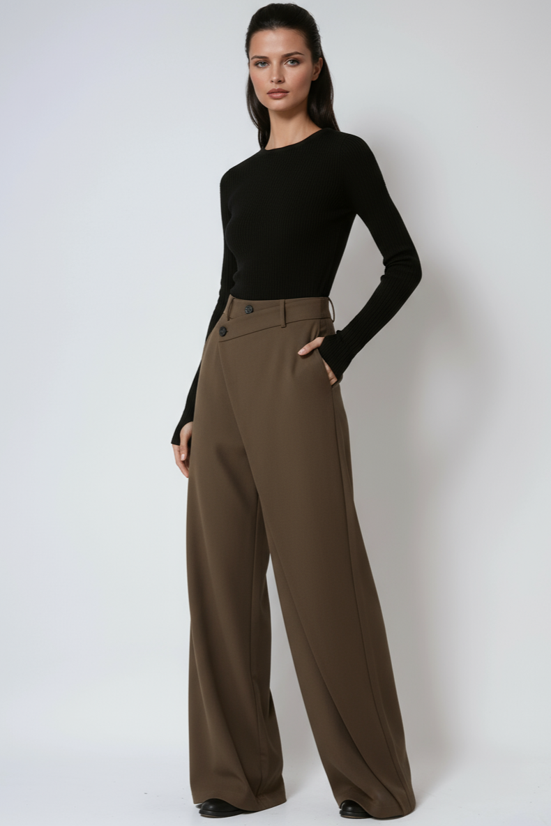 Pantalón Mujer Fluido Pierna Ancha Diseño Cruzado