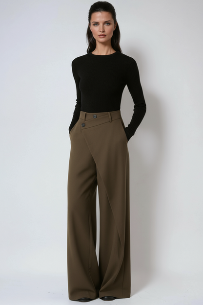 Pantalón Mujer Fluido Pierna Ancha Diseño Cruzado