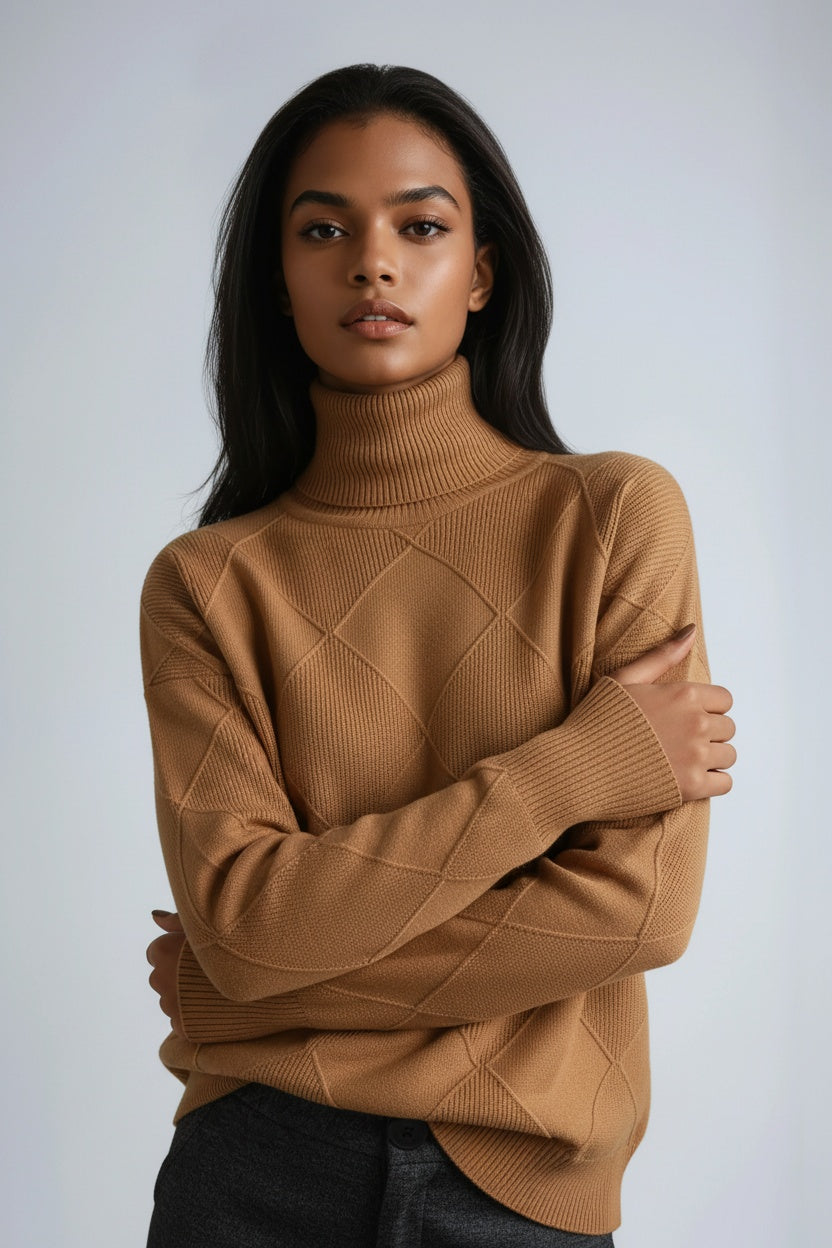Jersey mujer Cuello alto Estampado cuadros Cálido