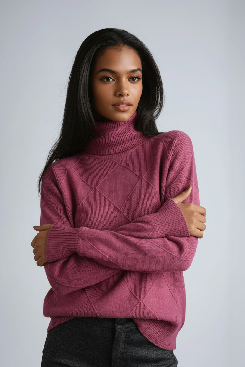 Jersey mujer Cuello alto Estampado cuadros Cálido