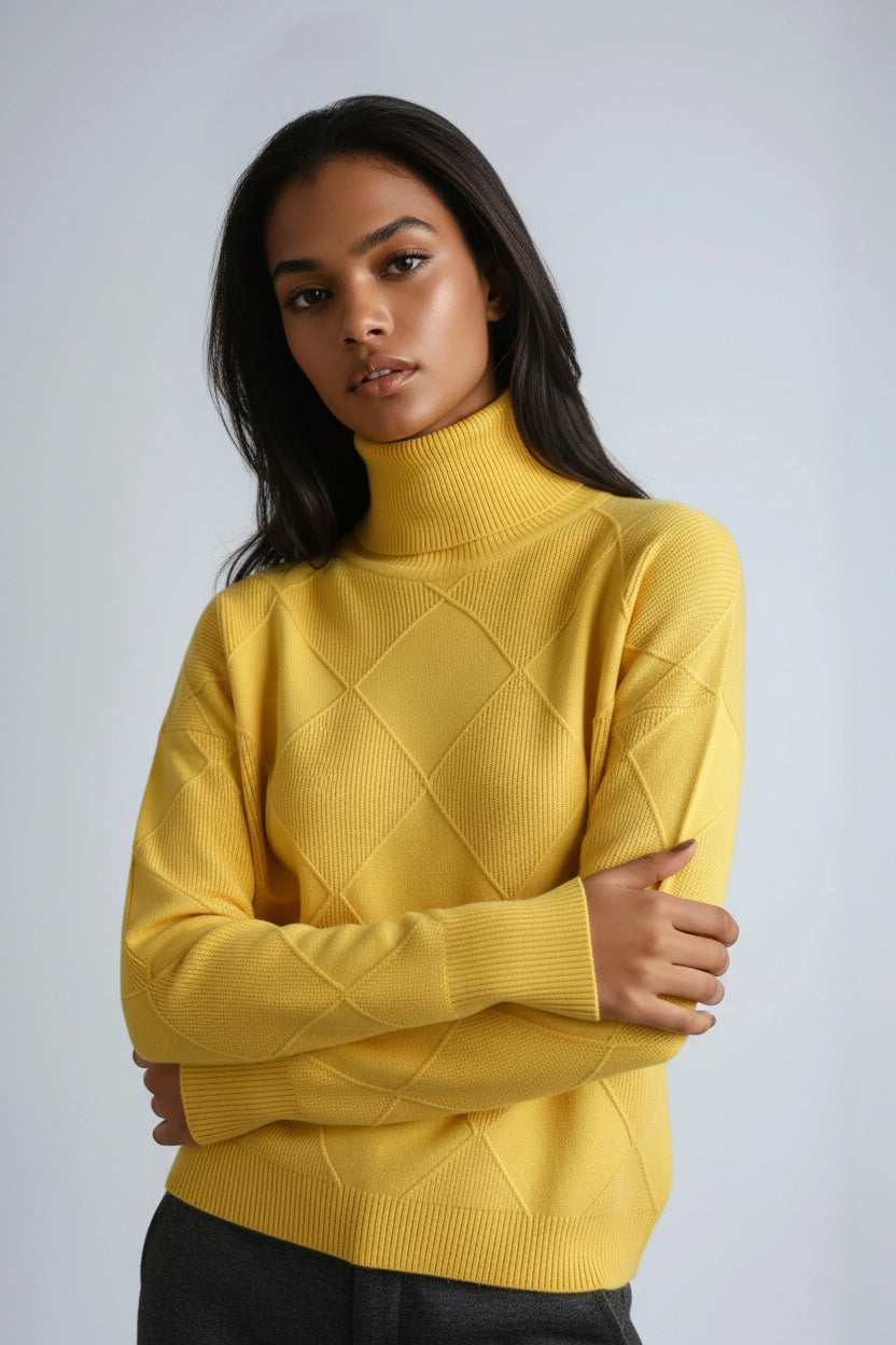 Jersey mujer Cuello alto Estampado cuadros Cálido