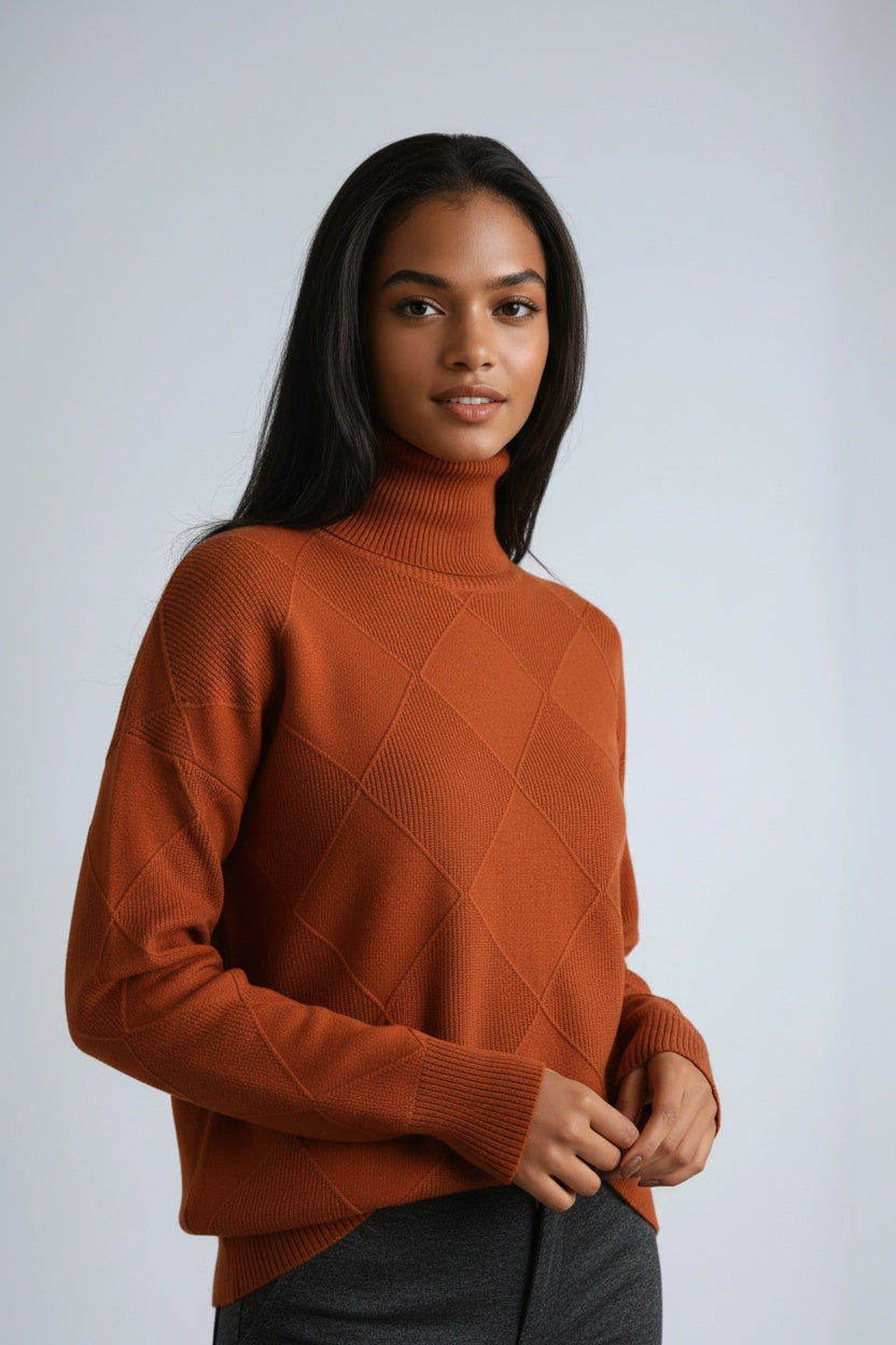 Jersey mujer Cuello alto Estampado cuadros Cálido