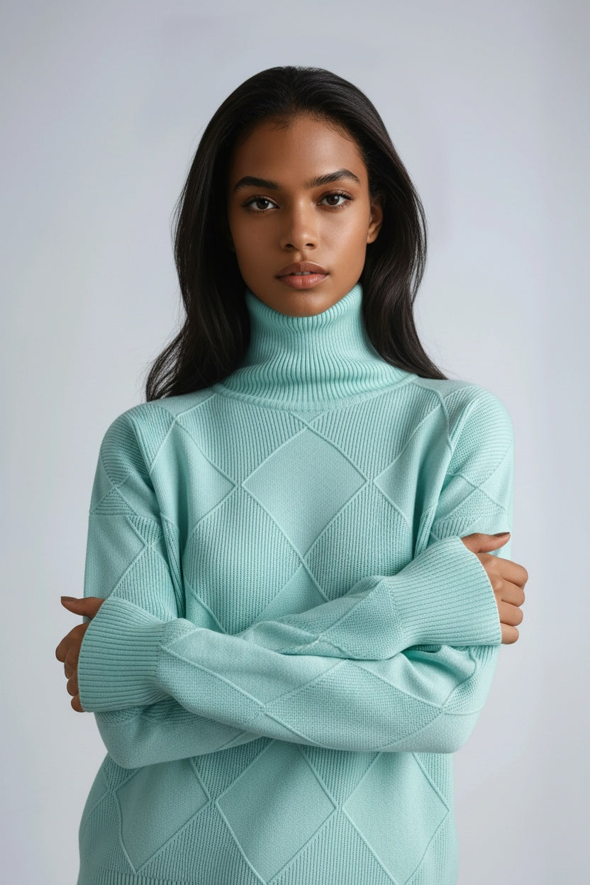 Jersey mujer Cuello alto Estampado cuadros Cálido