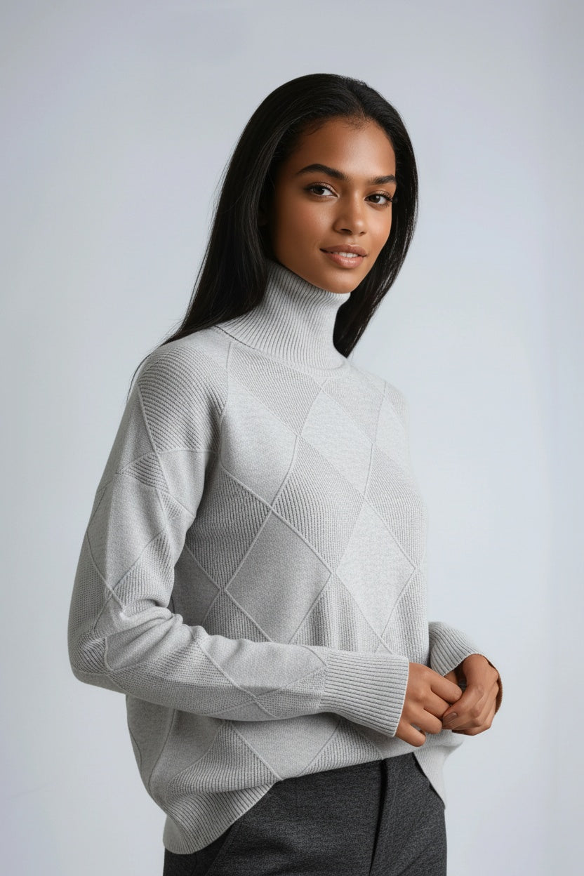 Jersey mujer Cuello alto Estampado cuadros Cálido