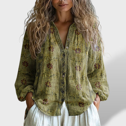 Blusa Mujer Vintage Estampado Hojas Ajuste Suelto