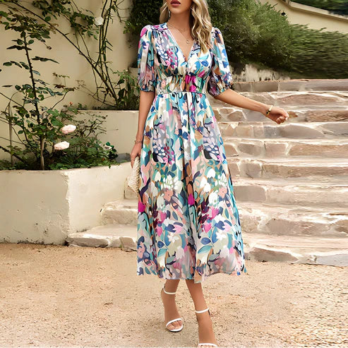 Vestido midi mujer con mangas abullonadas escote en V profundo