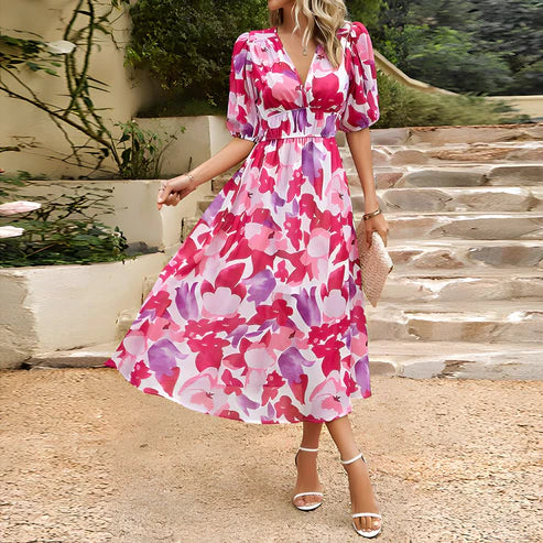Vestido midi mujer con mangas abullonadas escote en V profundo