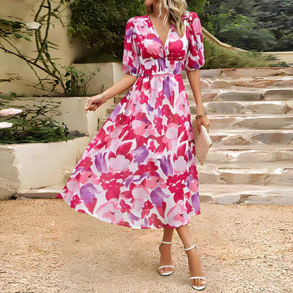 Vestido midi mujer con mangas abullonadas escote en V profundo