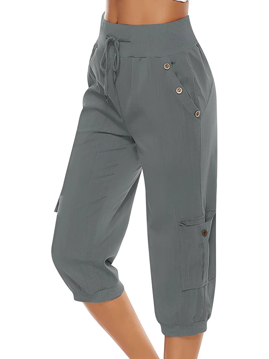 Pantalones Capri Mujer Algodón Cintura Elástica Bolsillos Parche - Mavetta