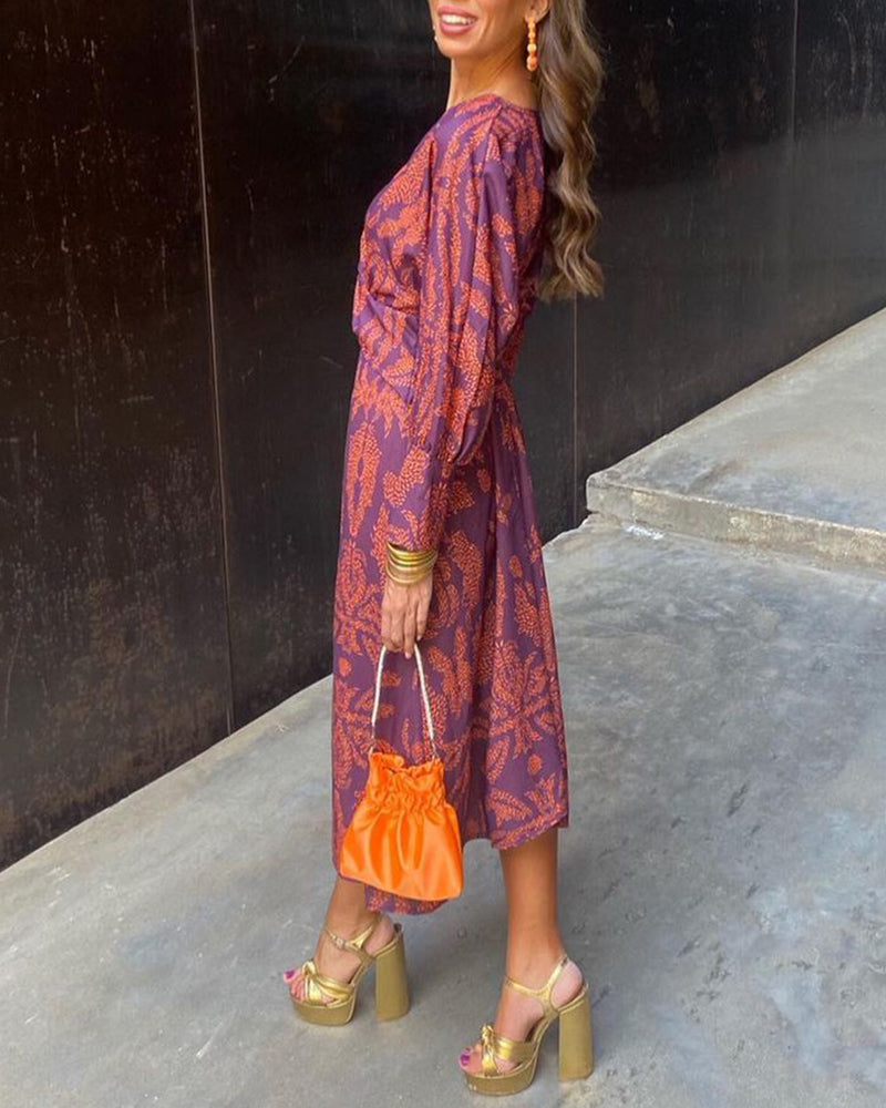 Vestido Largo Mujer Manga Larga Escote en V Tela Estampada