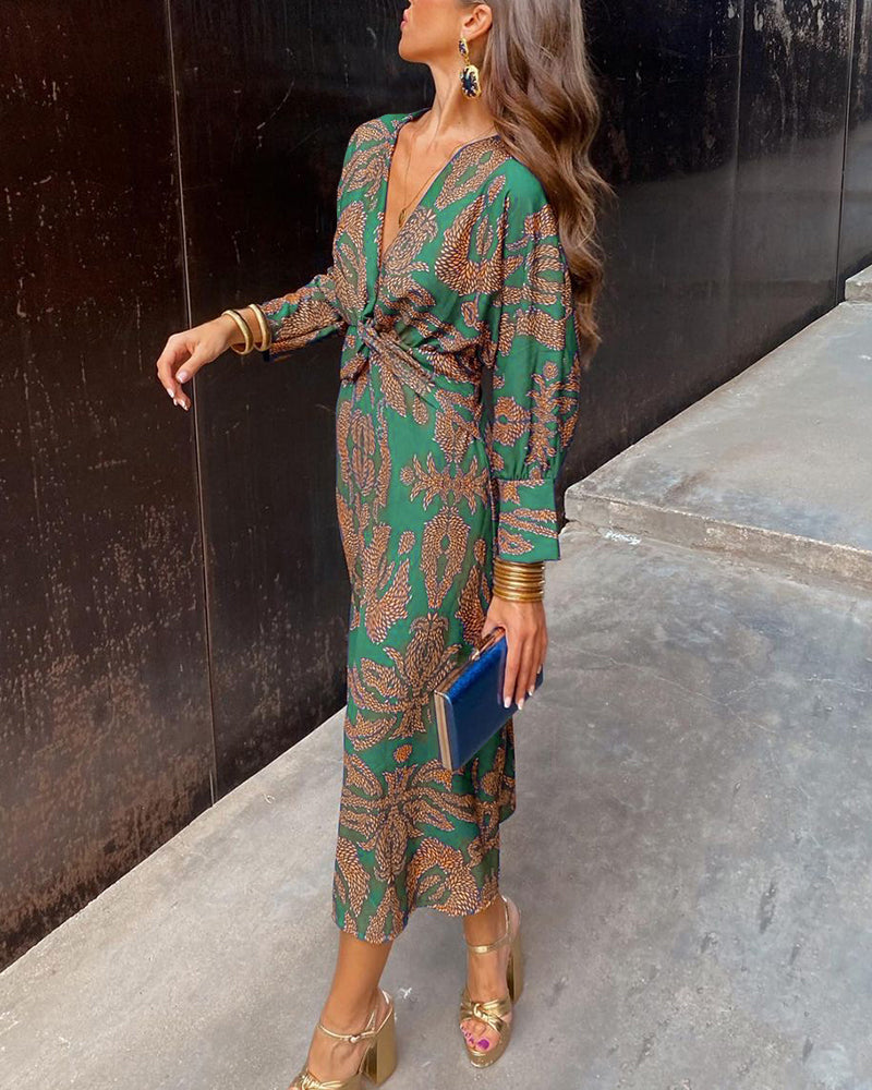 Vestido Largo Mujer Manga Larga Escote en V Tela Estampada