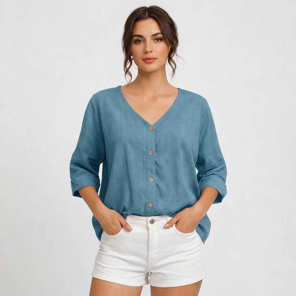 Blusa Mujer Escote en V con Botones Estilo Casual