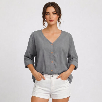 Blusa Mujer Escote en V con Botones Estilo Casual