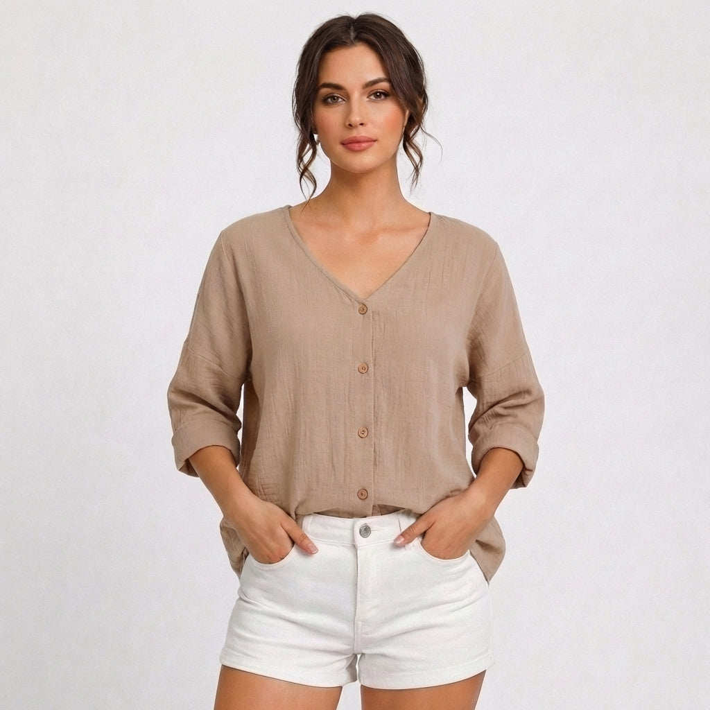Blusa Mujer Escote en V con Botones Estilo Casual