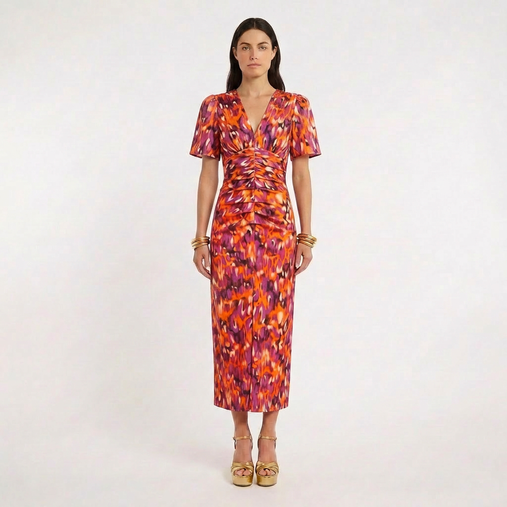 Vestido Midi Mujer Estampado Escote en V Manga Globo