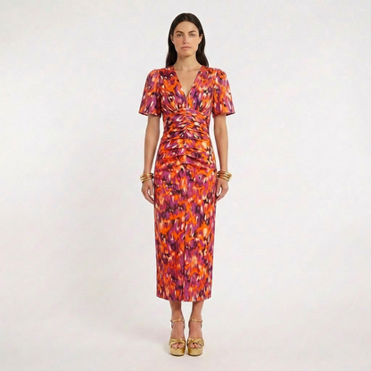 Vestido Midi Mujer Estampado Escote en V Manga Globo