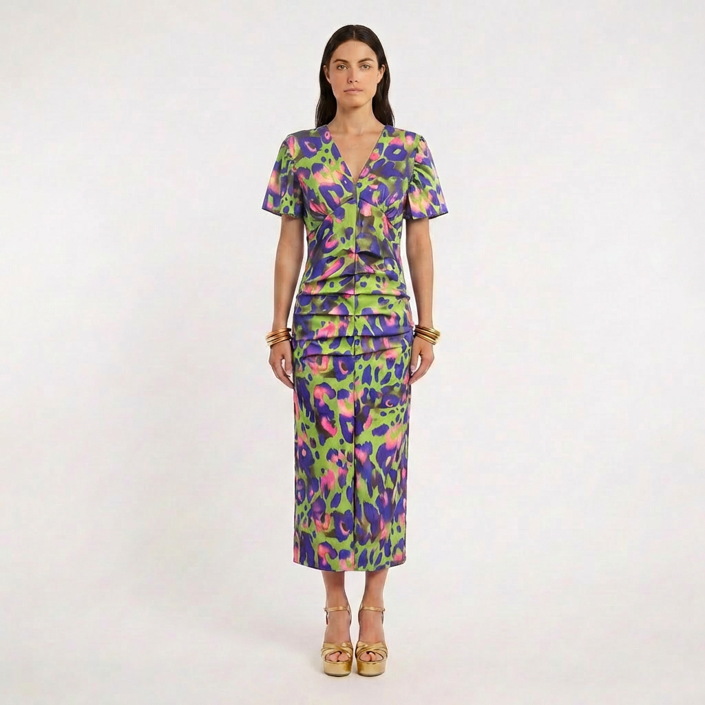 Vestido Midi Mujer Estampado Escote en V Manga Globo