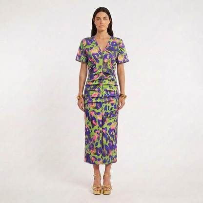 Vestido Midi Mujer Estampado Escote en V Manga Globo
