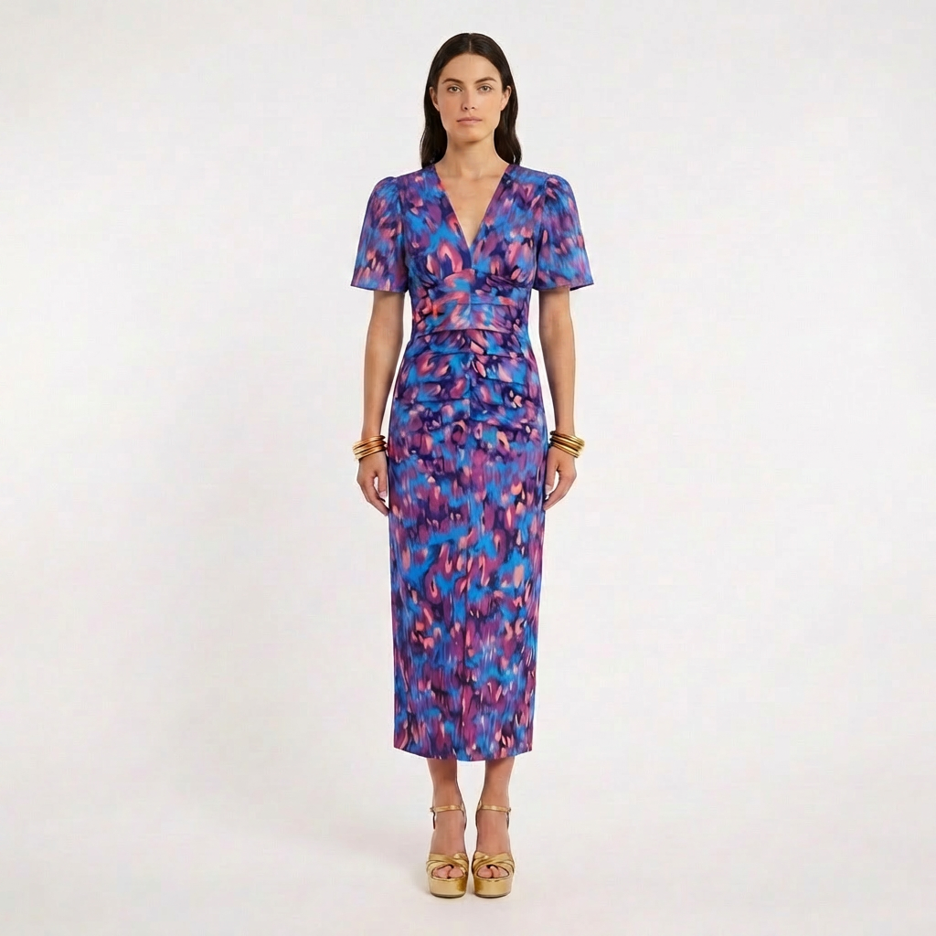 Vestido Midi Mujer Estampado Escote en V Manga Globo - Mavetta