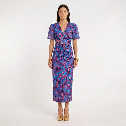 Vestido Midi Mujer Estampado Escote en V Manga Globo - Mavetta