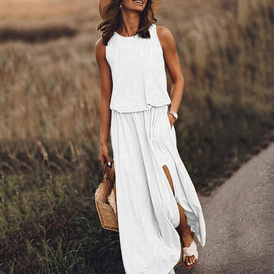 Vestido maxi mujer sin mangas abertura lateral elegante - Mavetta