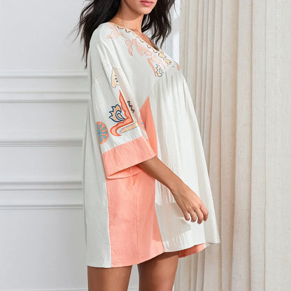 Vestido túnica mujer con bordados escote en V
