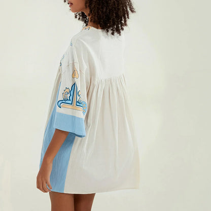 Vestido túnica mujer con bordados escote en V