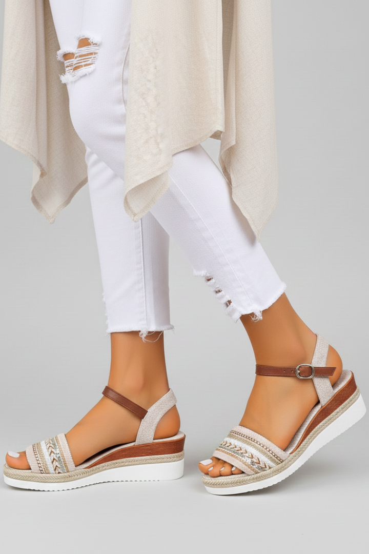 Sandalias Cuña Mujer con Hebilla y Tiras Ajustables