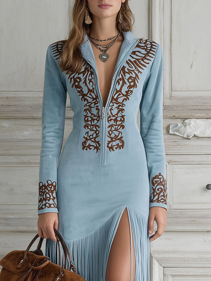 Vestido largo mujer con flecos y manga larga