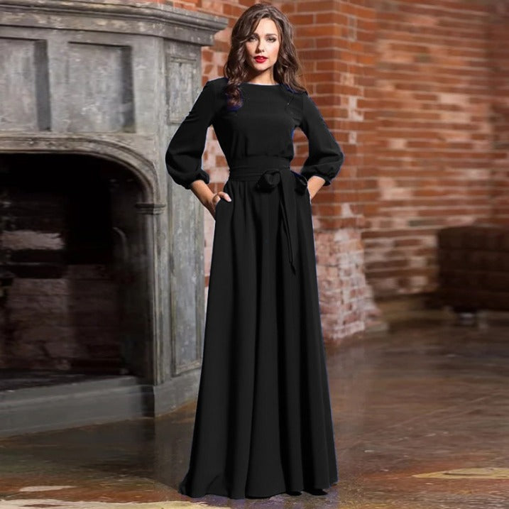 Vestido Largo Mujer Tela Cinturón Ajustable