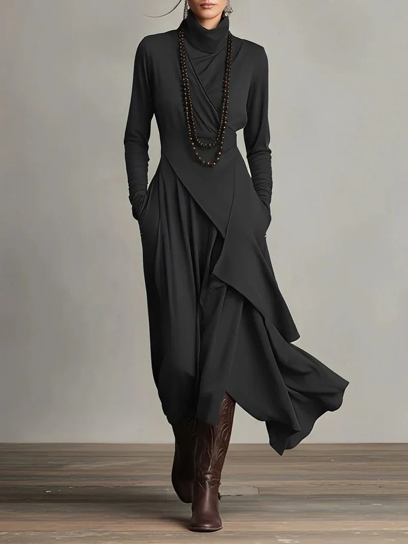 Vestido maxi Mujer cuello alto drapeado asimétrico