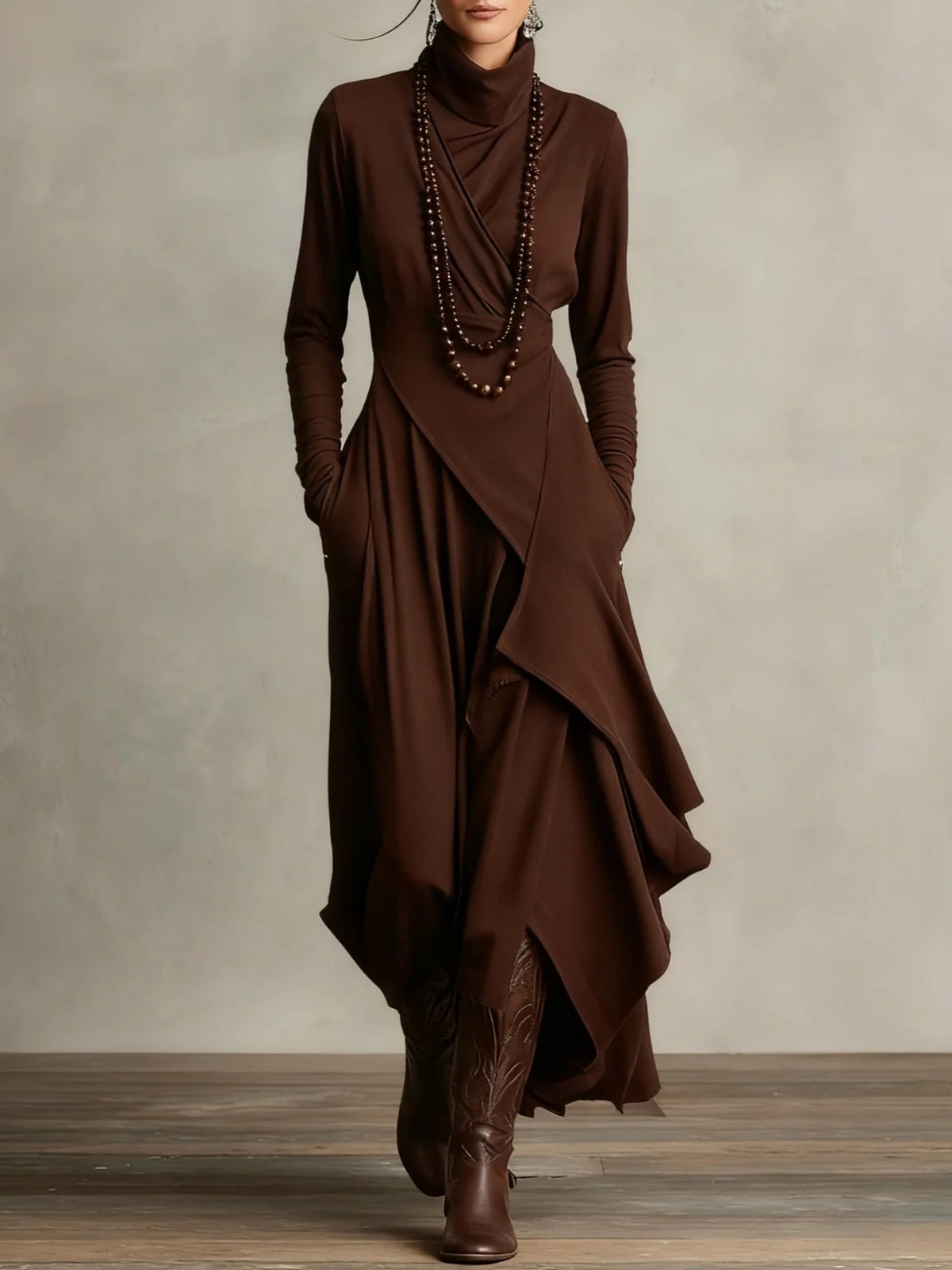 Vestido maxi Mujer cuello alto drapeado asimétrico