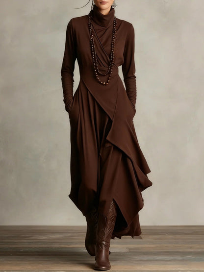 Vestido maxi Mujer cuello alto drapeado asimétrico