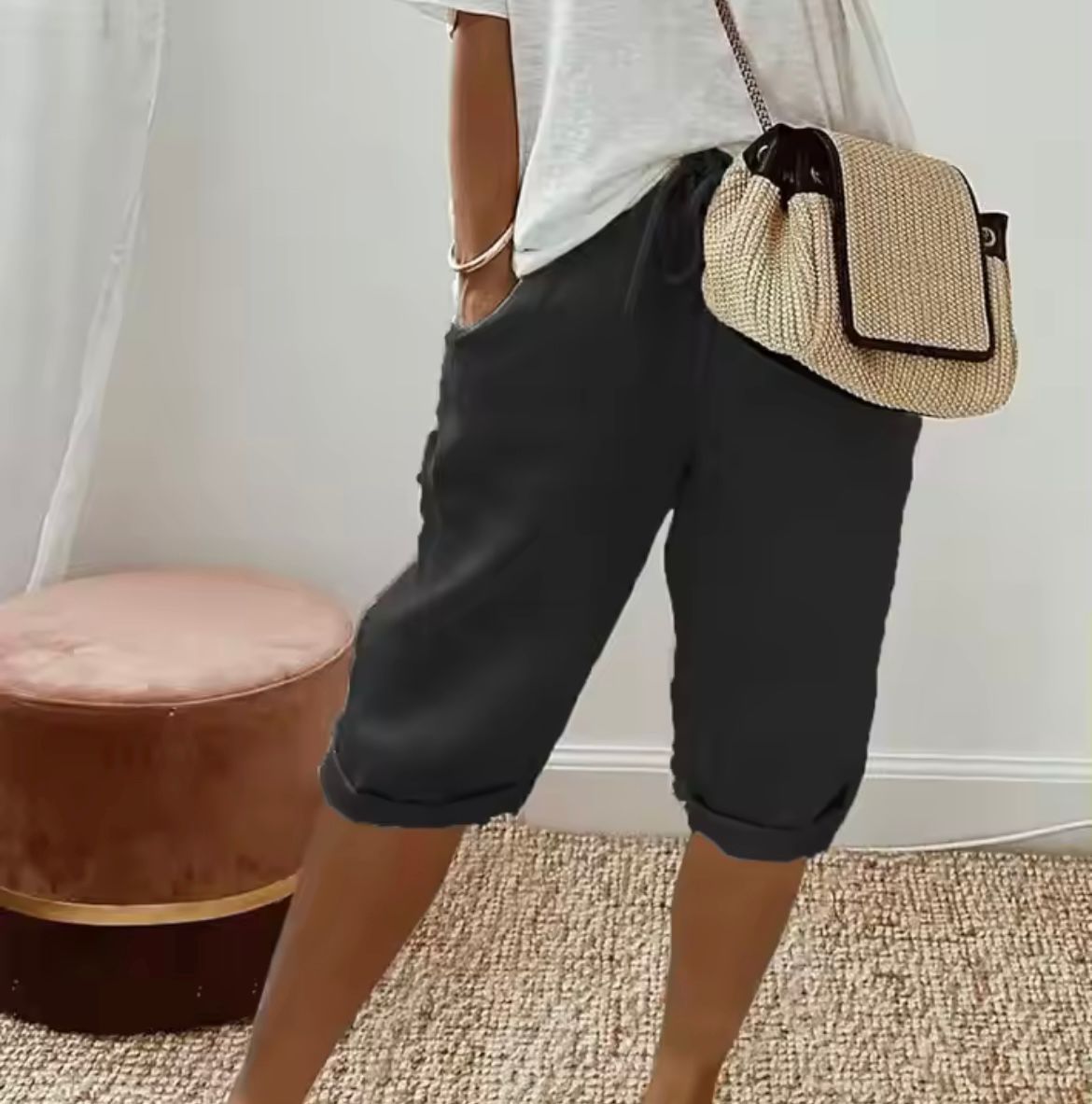 Pantalones Cortos Mujer de Lino y Algodón Cintura Elástica