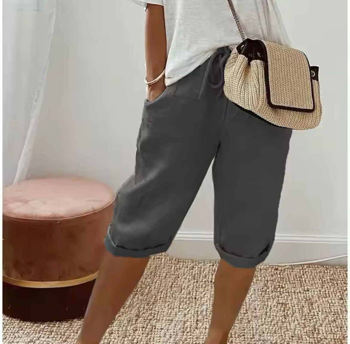 Pantalones Cortos Mujer de Lino y Algodón Cintura Elástica