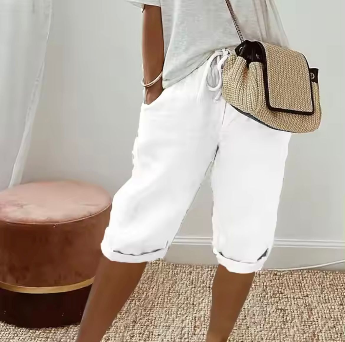 Pantalones Cortos Mujer de Lino y Algodón Cintura Elástica