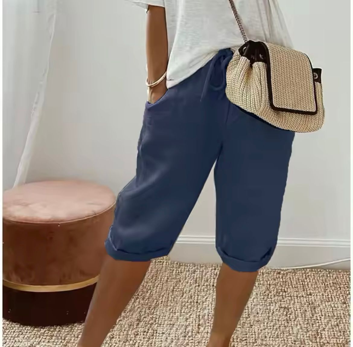 Pantalones Cortos Mujer de Lino y Algodón Cintura Elástica