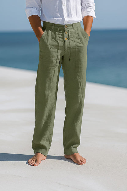Pantalón Hombre de Lino Ligero con Cordón y Bolsillos